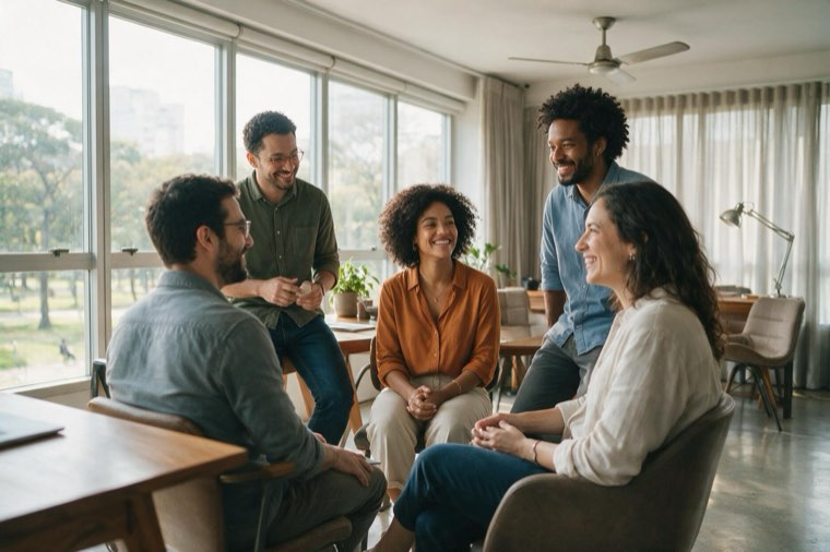 Equipe de uma pequena empresa sorrindo em reunião