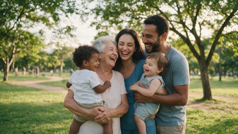 Família de três gerações sorrindo juntas em um parque