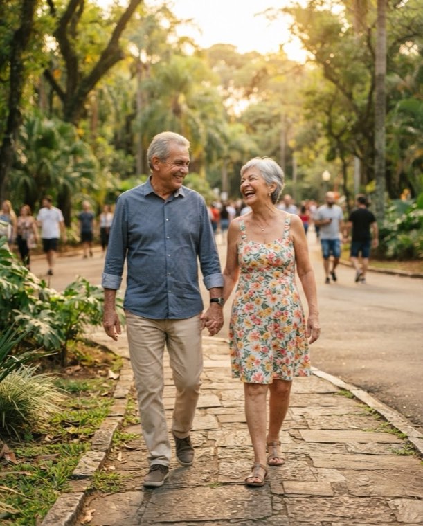 Casal de idosos caminhando e sorrindo ao ar livre