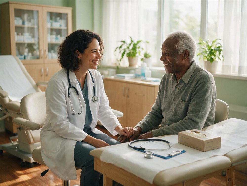Médica conversando de forma acolhedora com paciente idoso no consultório